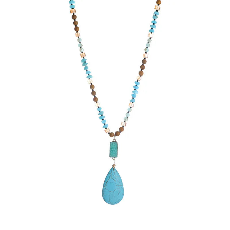 Blue turquoise pendant necklace with mixed gem inlay drop design on ball bead chain