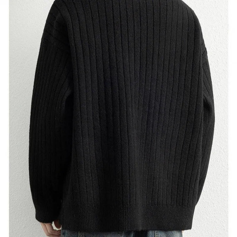 Men's grey half-zip texture knit sweater with loose fit and long sleeves