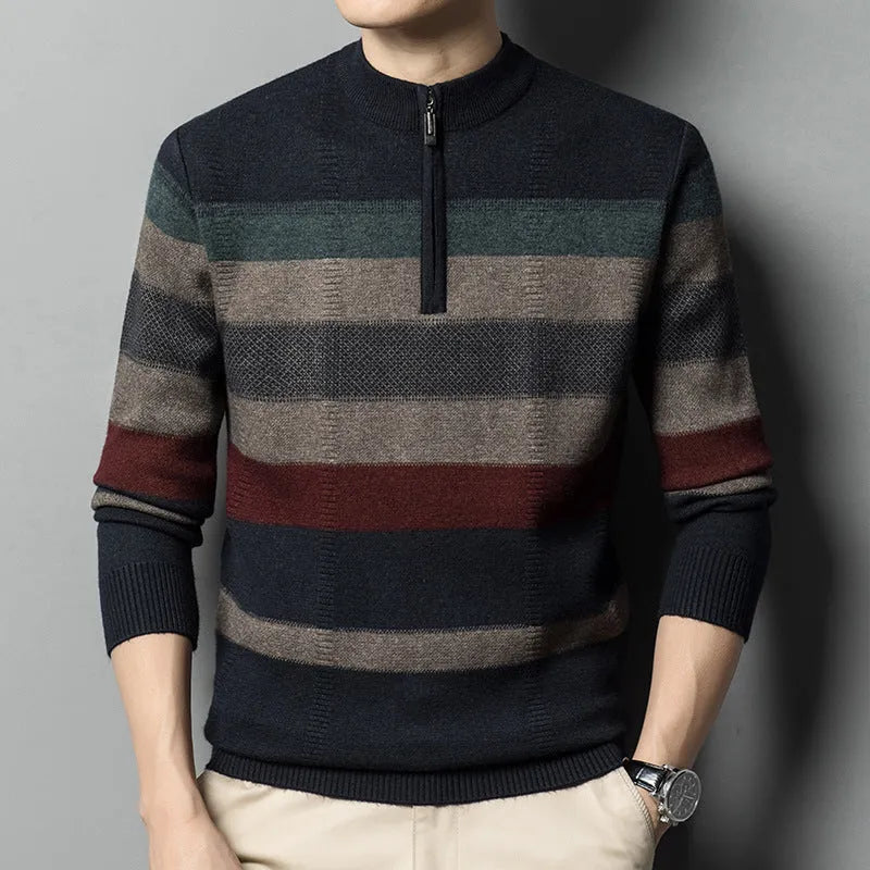 Men's contrasting striped pure wool knitted sweater in dark gray, slim fit pullover style, long sleeves
