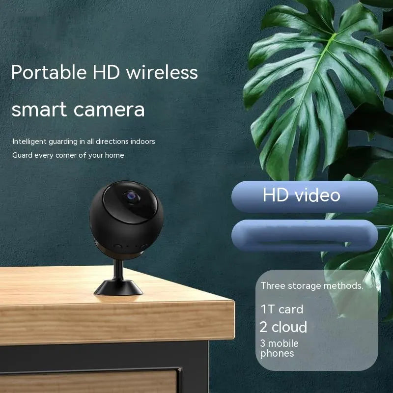 White or black 1080p wireless WIFI security camera with fixed lens on a desk.