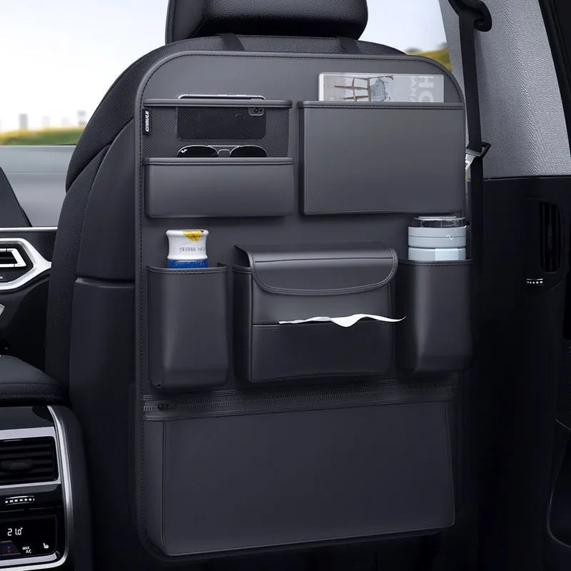 Black leather car seat back storage hanging bag with handle for buggies and strollers