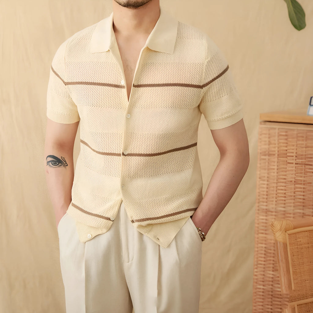 Men's camel coloured lapel collar cardigan with short sleeves made from cotton linen blend fabric