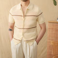 Men's camel coloured lapel collar cardigan with short sleeves made from cotton linen blend fabric