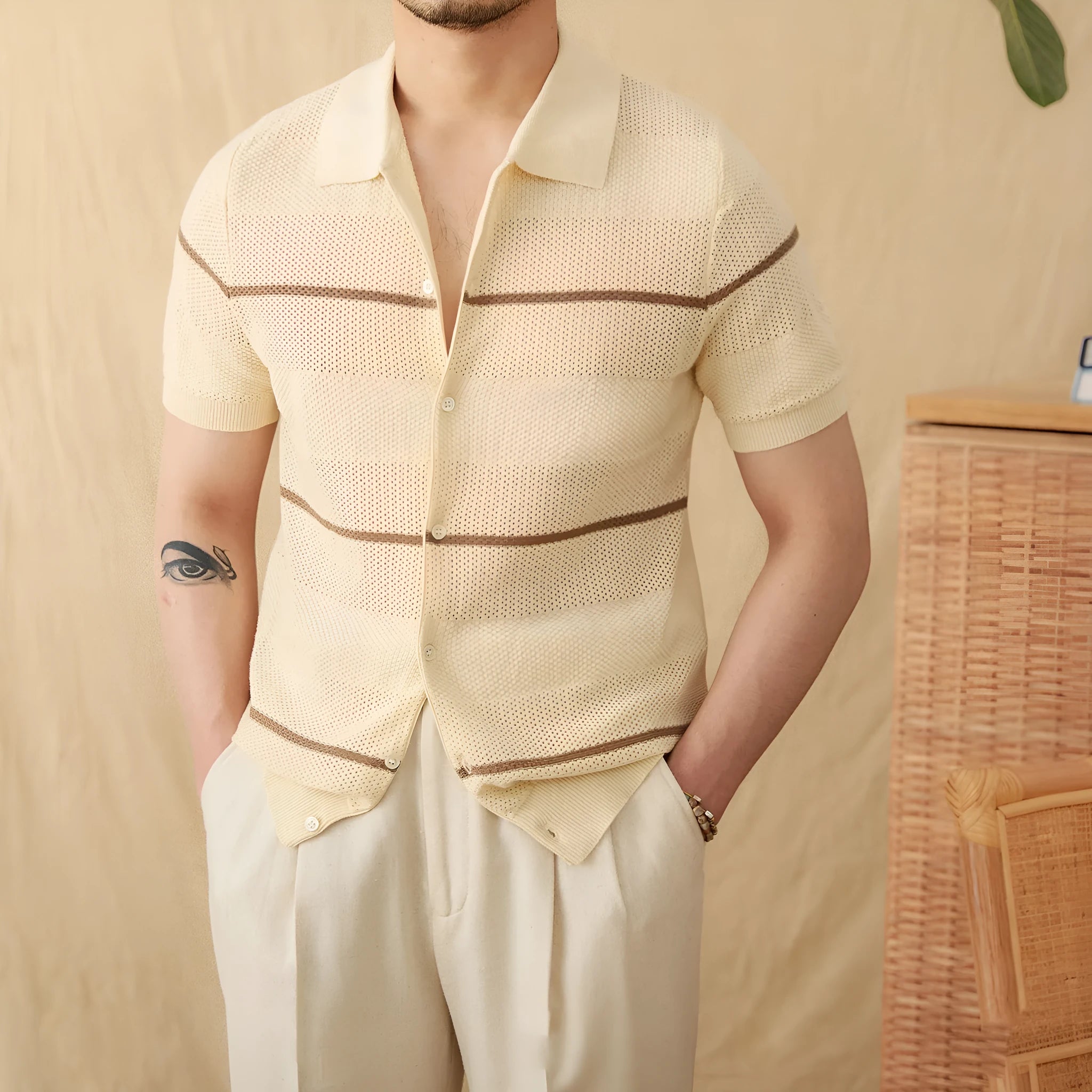 Men's camel coloured lapel collar cardigan with short sleeves made from cotton linen blend fabric