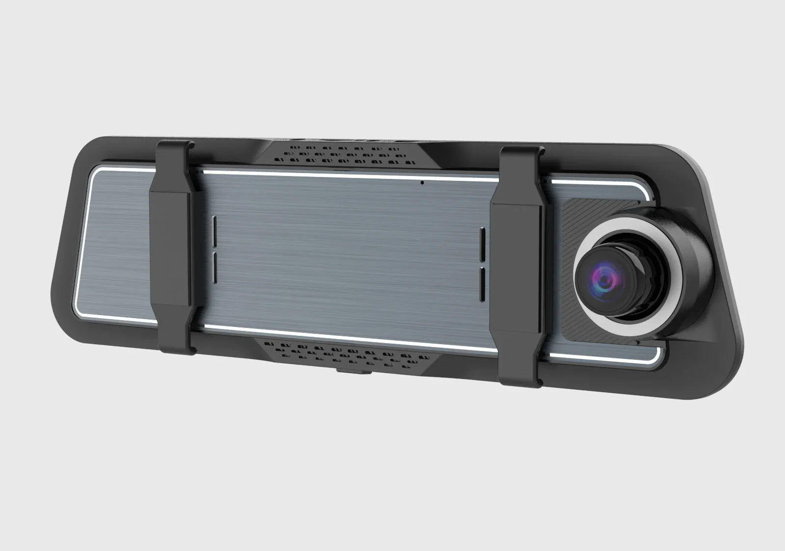 Dual-lens car dash cam with 9.66 inch touch screen mounted behind rearview mirror