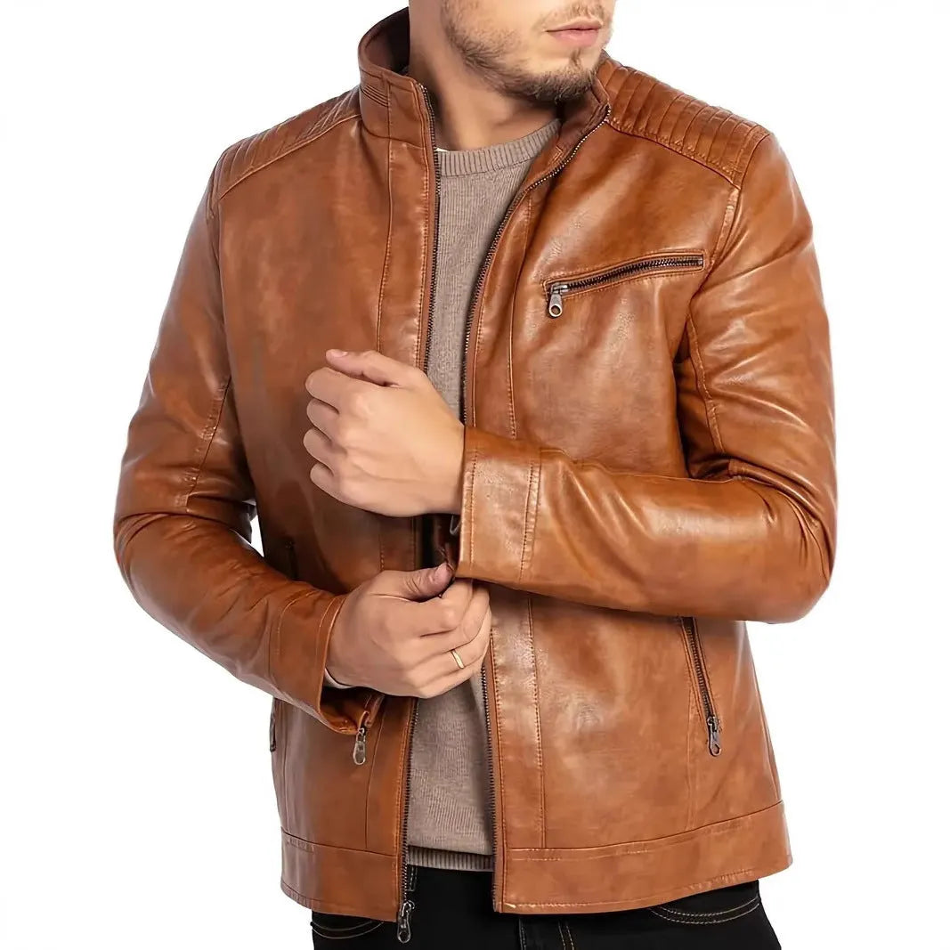 Men's brown artificial leather punk motorcycle jacket with stand collar