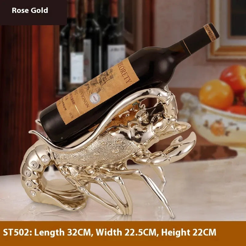 Lobster-shaped wine rack ornament in rose gold or elegant silver finish holding wine bottle
