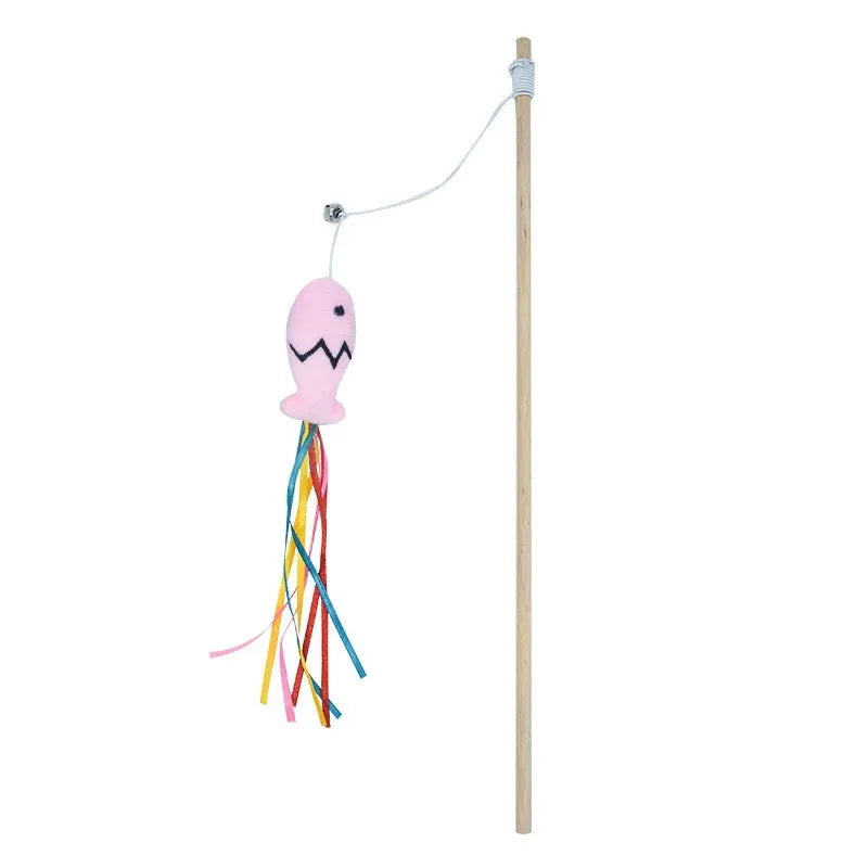 Cat wand toy with wooden handle, colourful ribbons, catnip fish and bell for indoor cat play