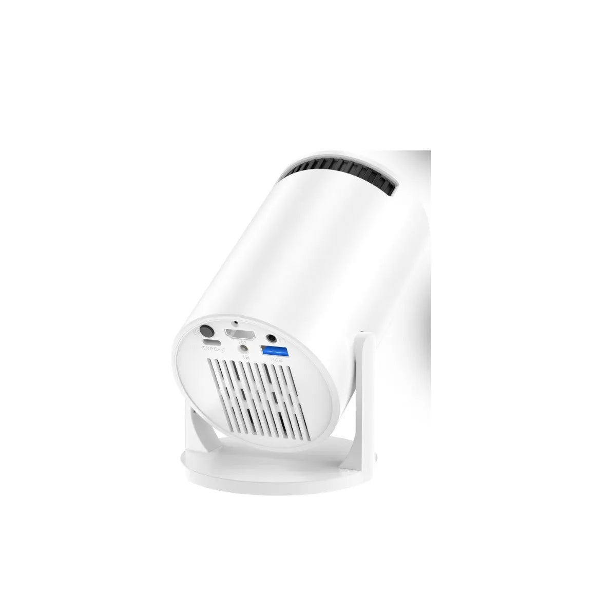 White mini wireless portable HD projector for home use with same-screen feature.