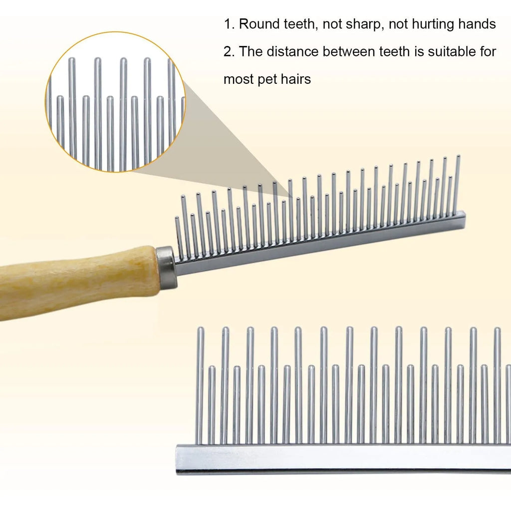 Wooden handle pet grooming comb for dogs and cats with rounded needles
