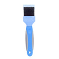 Double-sided pet grooming brush with stainless steel pins and ergonomic handle in blue colour