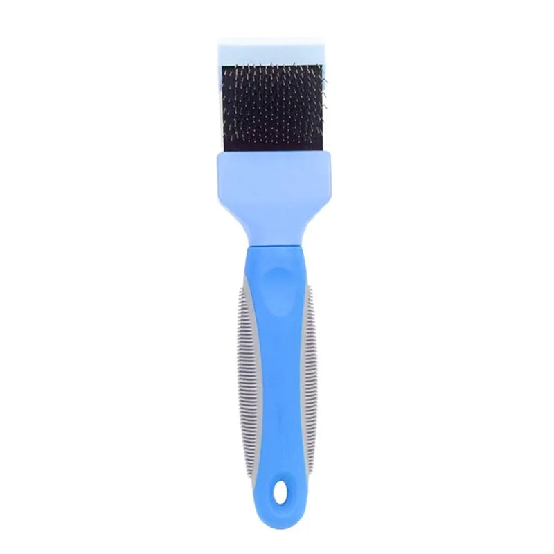 Double-sided pet grooming brush with stainless steel pins and ergonomic handle in blue colour