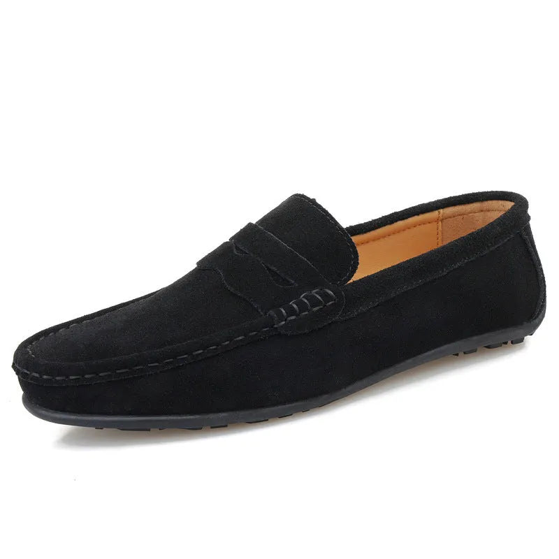 Men's solid colour suede loafers slip-on shoes with round toe and flat rubber sole.