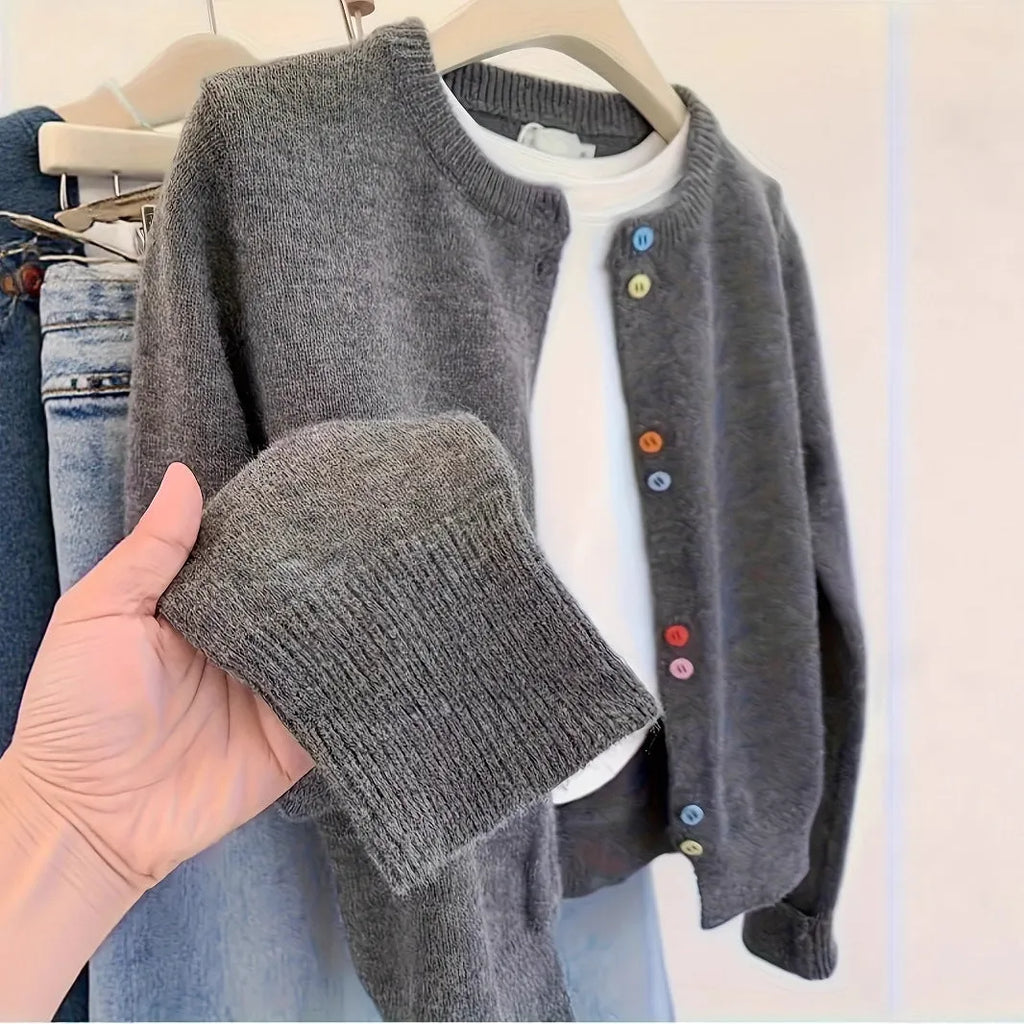 Dark grey women's button-front cardigan sweater with long sleeves.