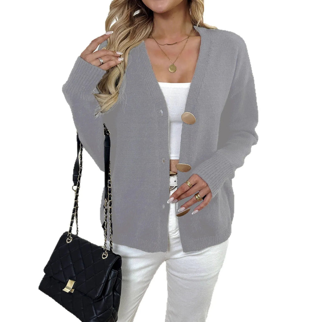 Women's grey deer plush long sleeve sweater coat with princess sleeves, street hipster style
