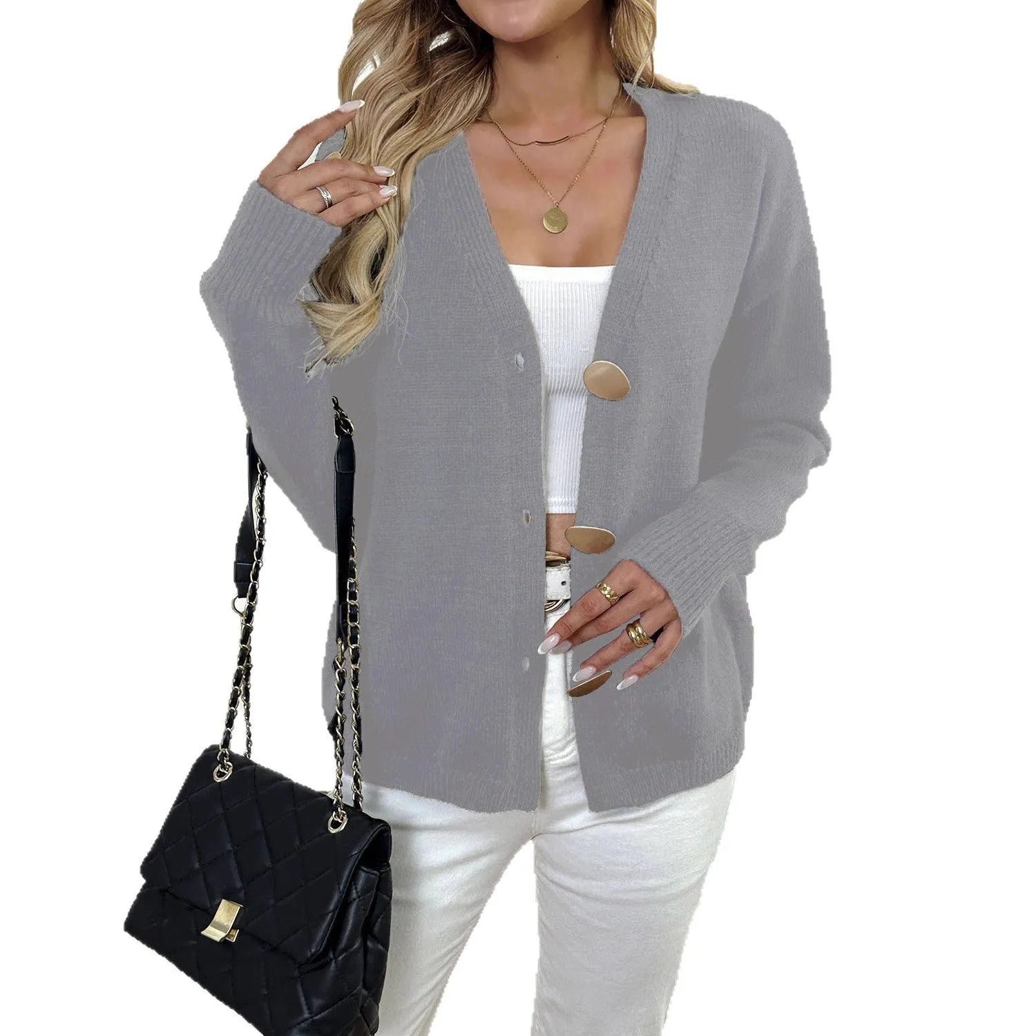 Women's grey deer plush long sleeve sweater coat with princess sleeves, street hipster style