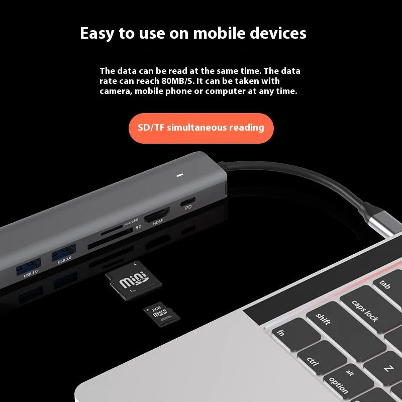 LQT-LH07 7-in-1 USB-C hub with card reader slots and multiple ports on a dark background.