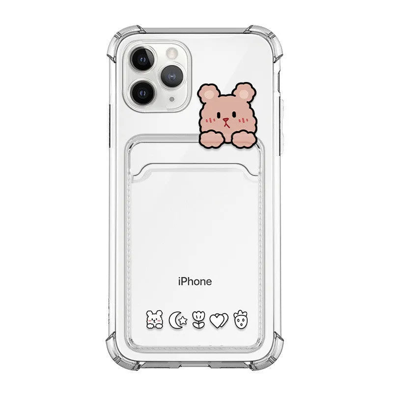 Clear cartoon design TPU phone case with integrated card slot for iPhone, showing BQ2472 colour option.