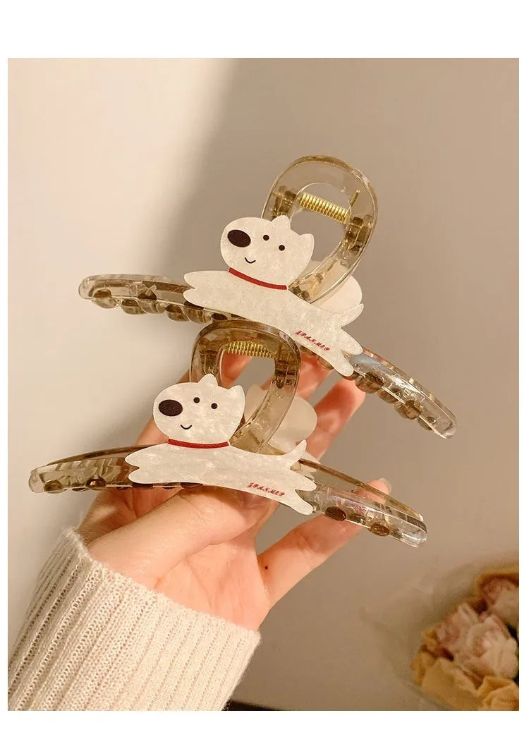 Beige and brown cartoon puppy hair grip barrettes shown in 13cm and 8cm sizes on a white background.