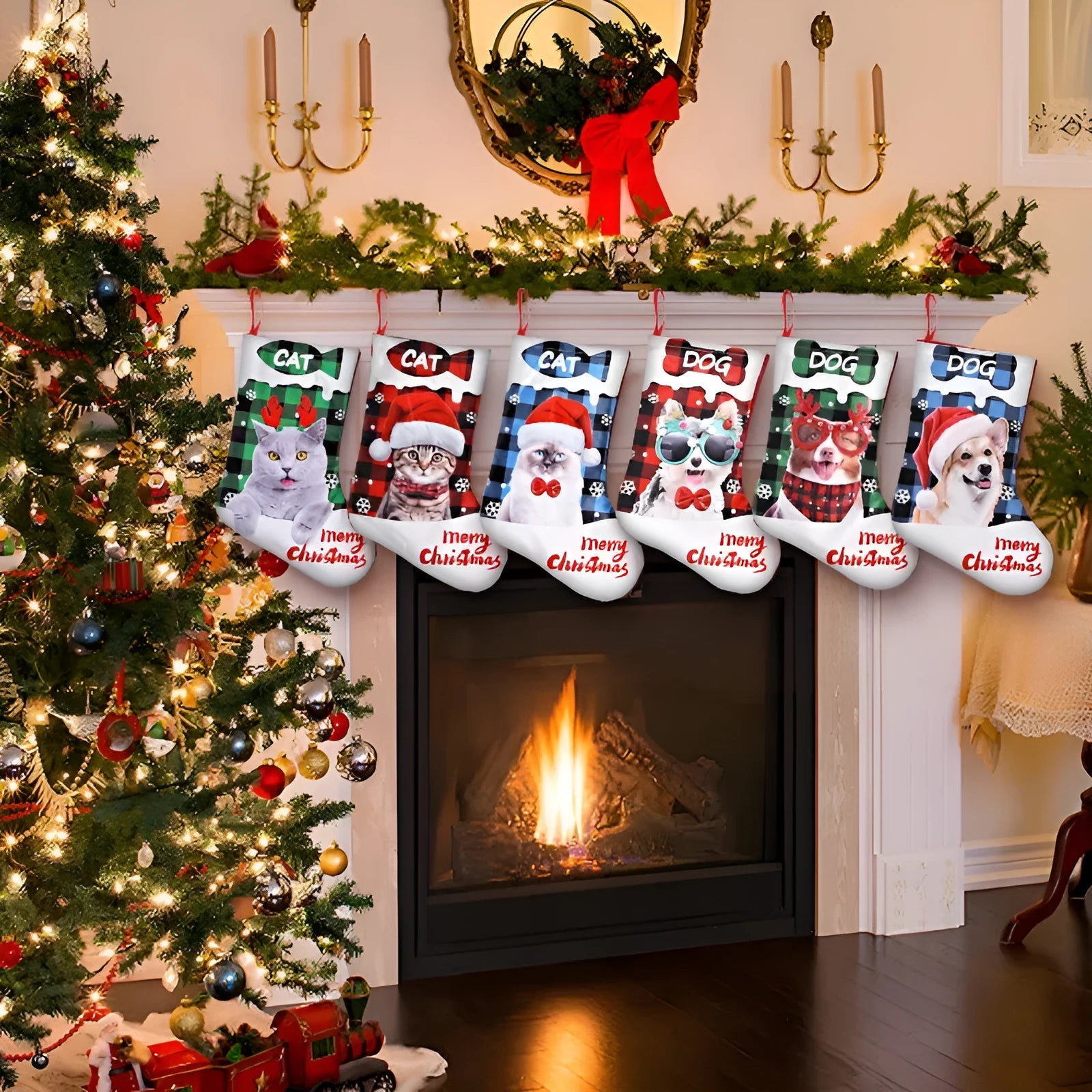 Cloth Christmas decoration with plaid puppy design measuring 26x36cm