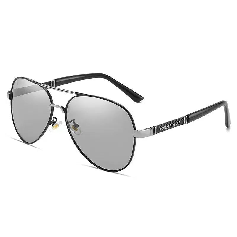 Men's metal frame sunglasses with polarised or colour-changing lenses in black, gold, or silver finishes
