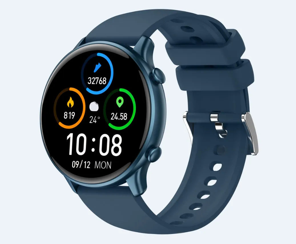 Round touch screen smart sports watch with heart rate monitor and silicone strap in black, blue or pink