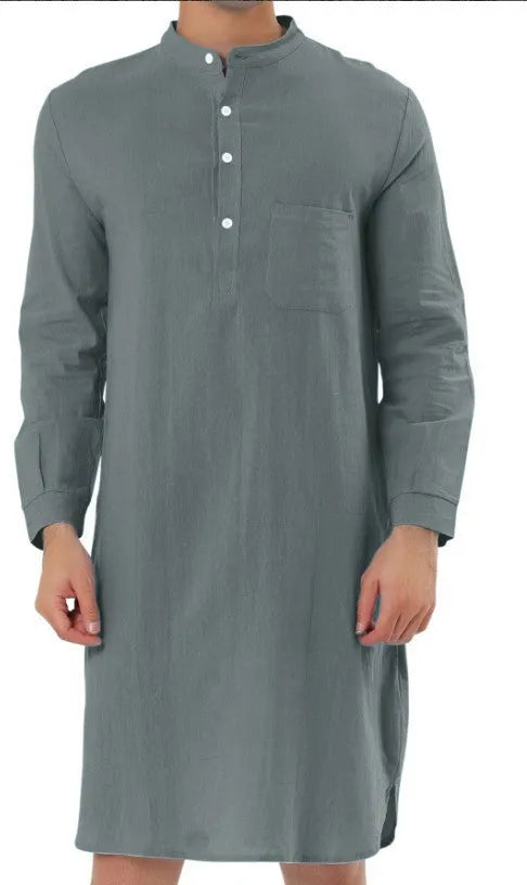 Men's cotton shirt robe shown in multiple colour options including Lake Blue, Light Khaki, White, and Black.