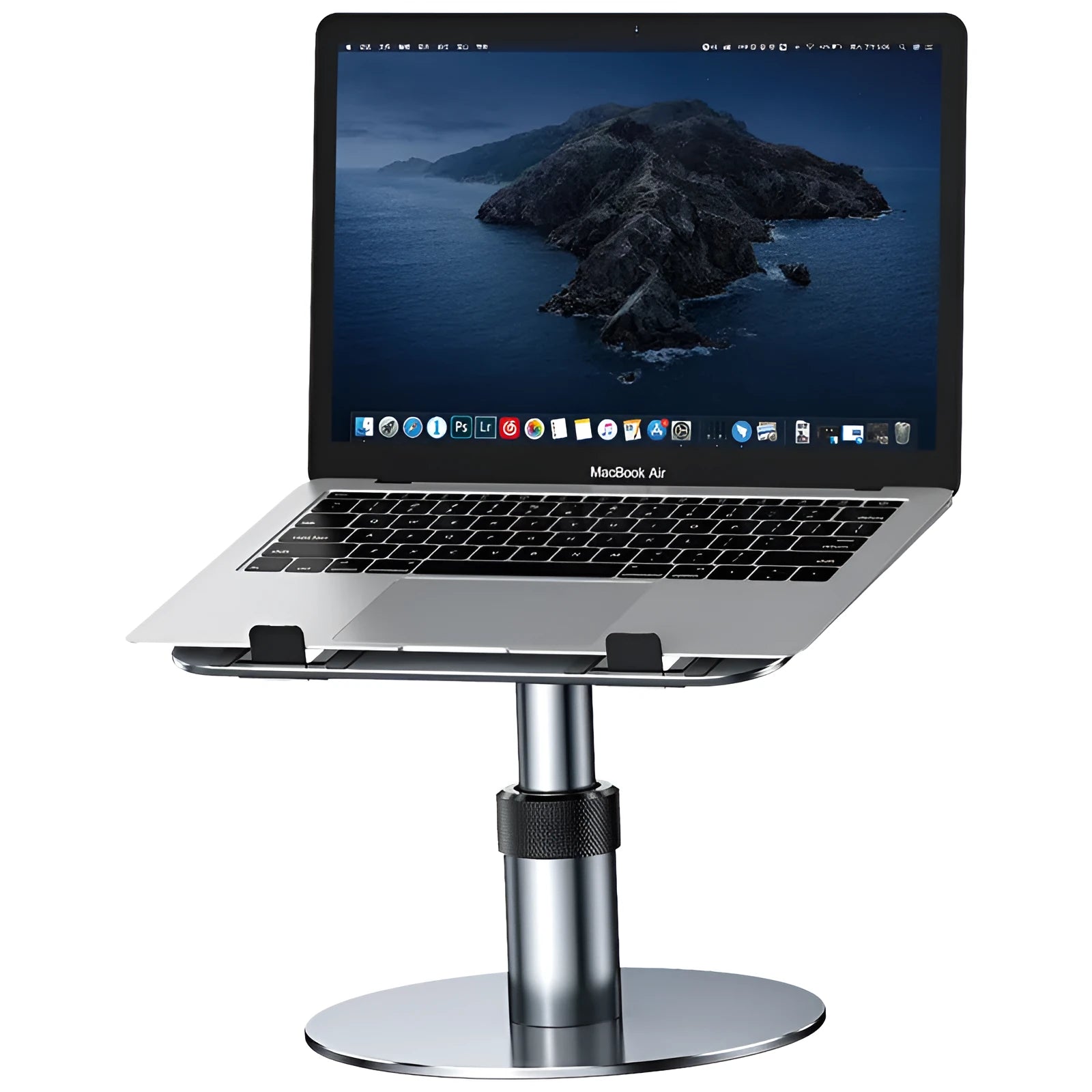 Silver adjustable aluminium laptop stand shown at various heights with rotating base.