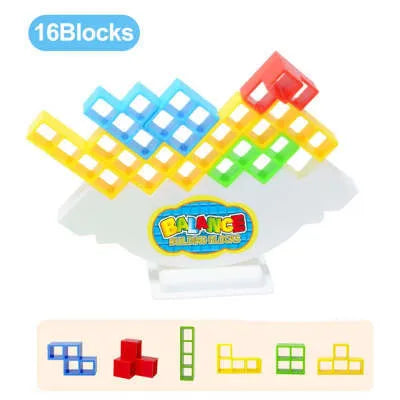 Plastic balance stacking board game with 16 coloured building blocks, chassis, and base on table.