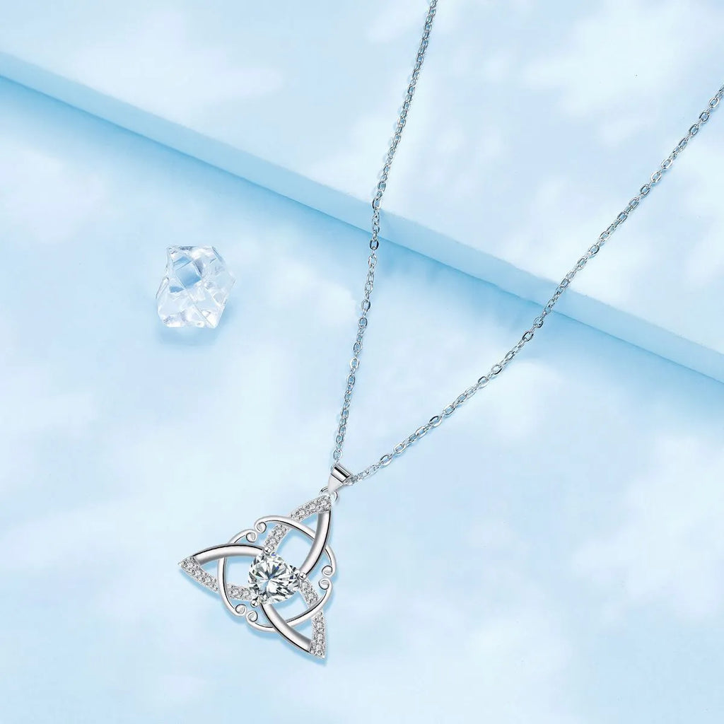 Women's Celtic knot geometric pendant necklace in copper with a choice of coloured electroplated finishes.