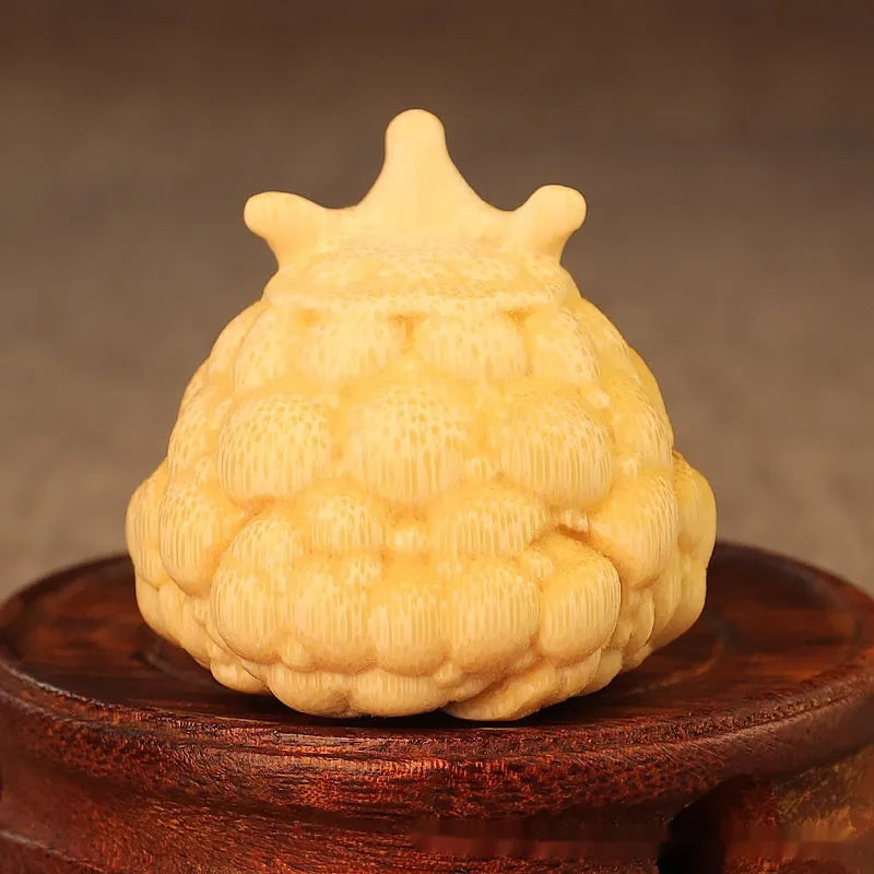 Solid bamboo carving ornament depicting crown princess toad with live eyes in cute style
