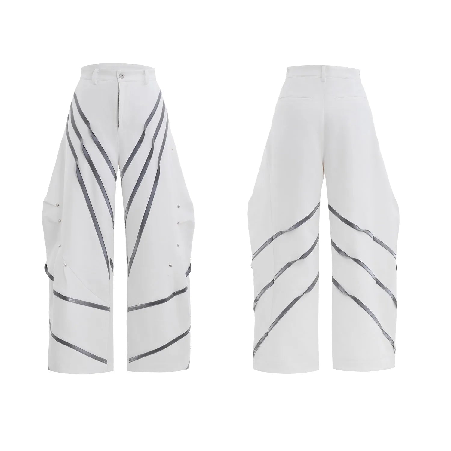 Men's trousers with metal striped rivets and pleated front in polyester fabric