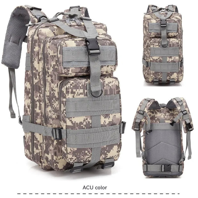 Large khaki hiking backpack with air pillow belt system shown for off-road use.