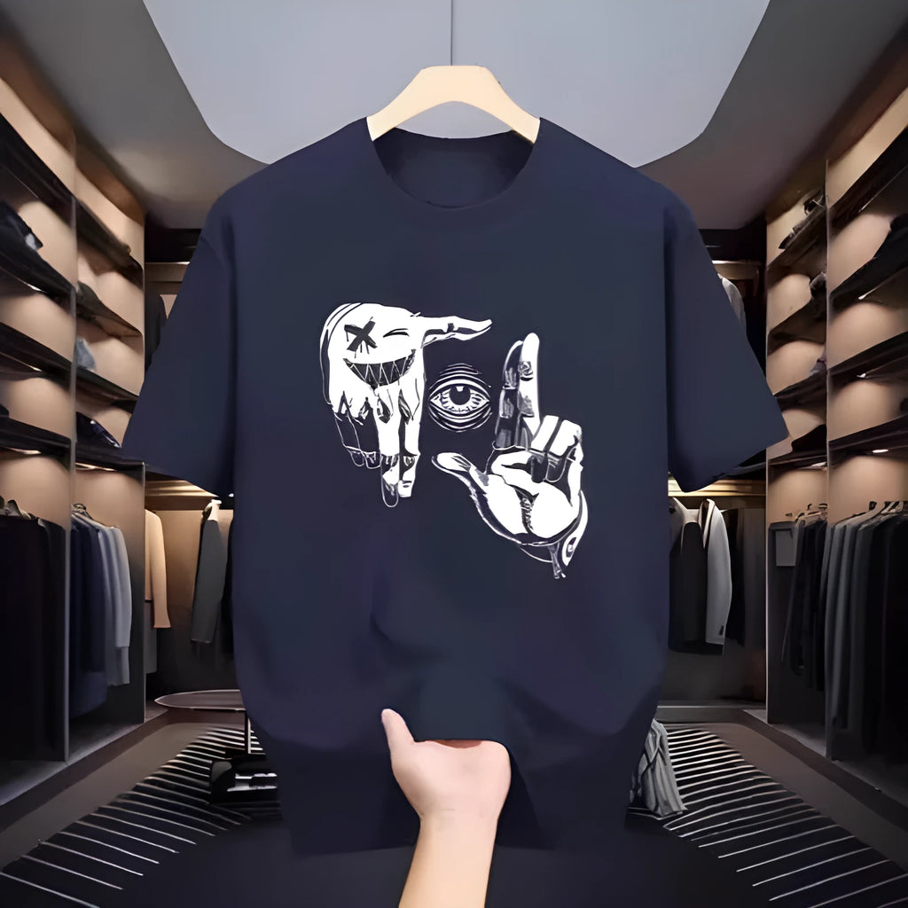 Men's cartoon print t-shirt in bird eye cloth showing round neck and short sleeve design