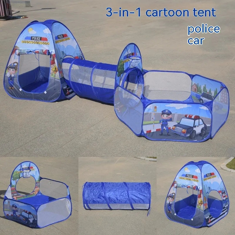 Children's three-in-one play tent with tunnel and ball pool in a cartoon submarine design.