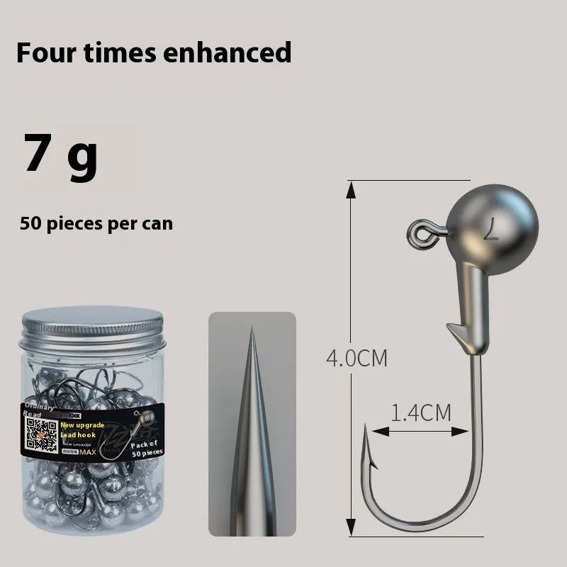 50-piece steel jig hook fishing set with three specification options and lead-headed model