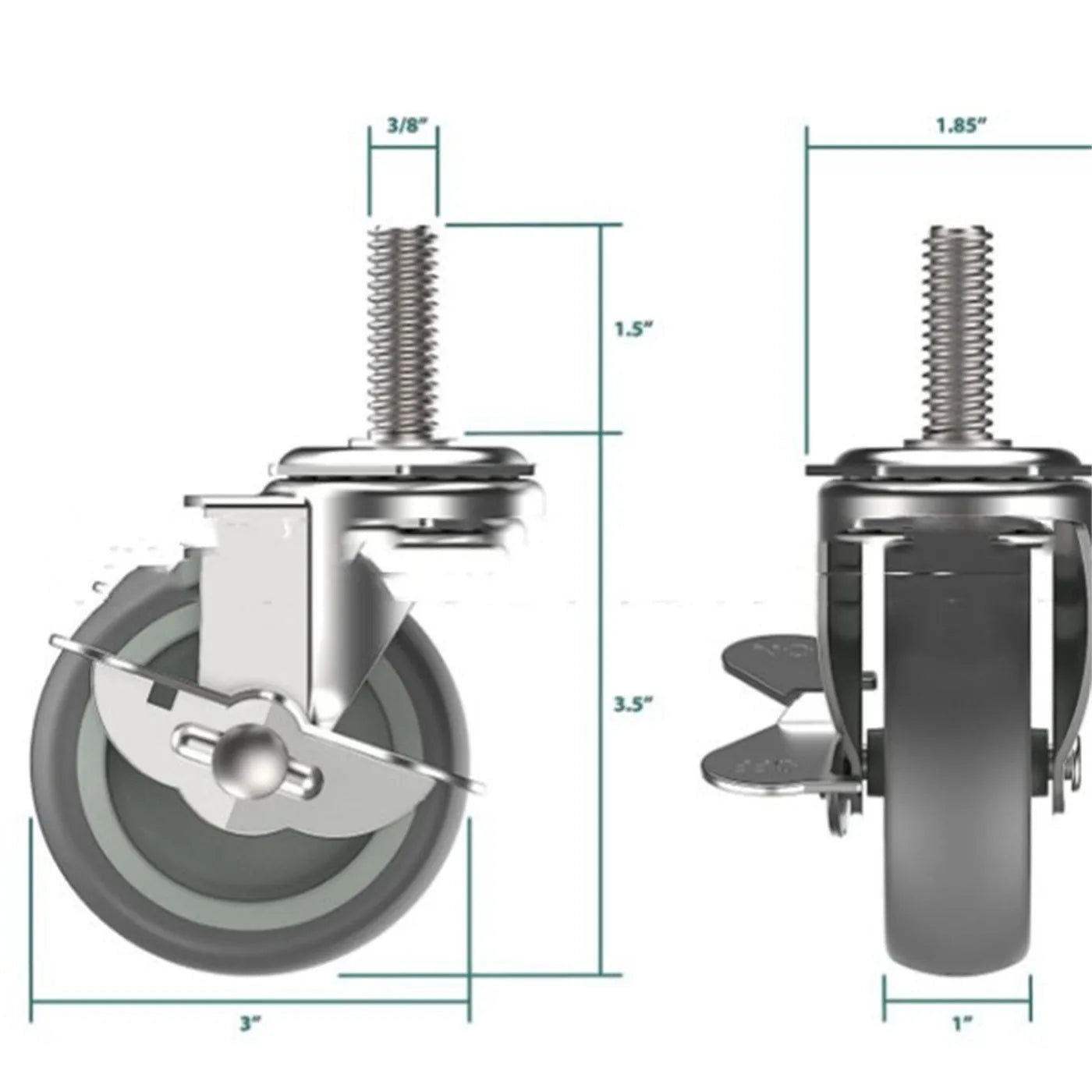 Set of 4 metal light industrial casters with TPR wheels, 50mm diameter, including one brake caster