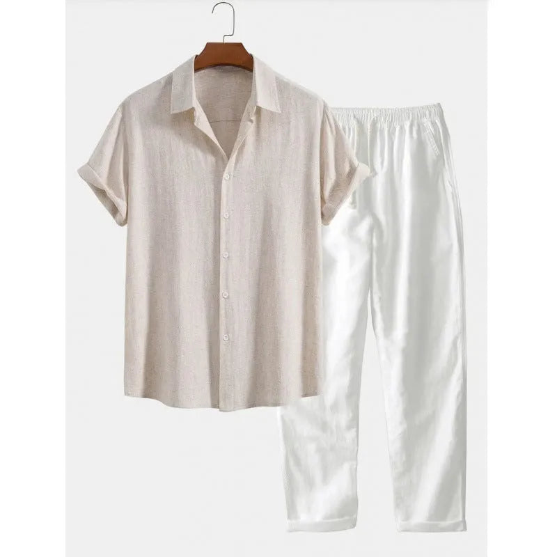 Men's casual linen-blend suit with short sleeve shirt and loose trousers in multiple colour options