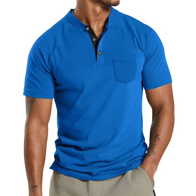 Plus size man wearing a solid colour short sleeve pullover shirt with a button chest pocket.