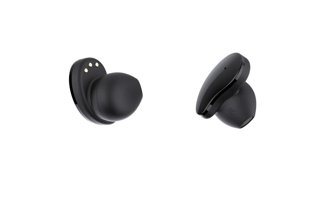 Black Bluetooth headset and smart bracelet combo watch with detachable TWS earbuds on a charging cable.