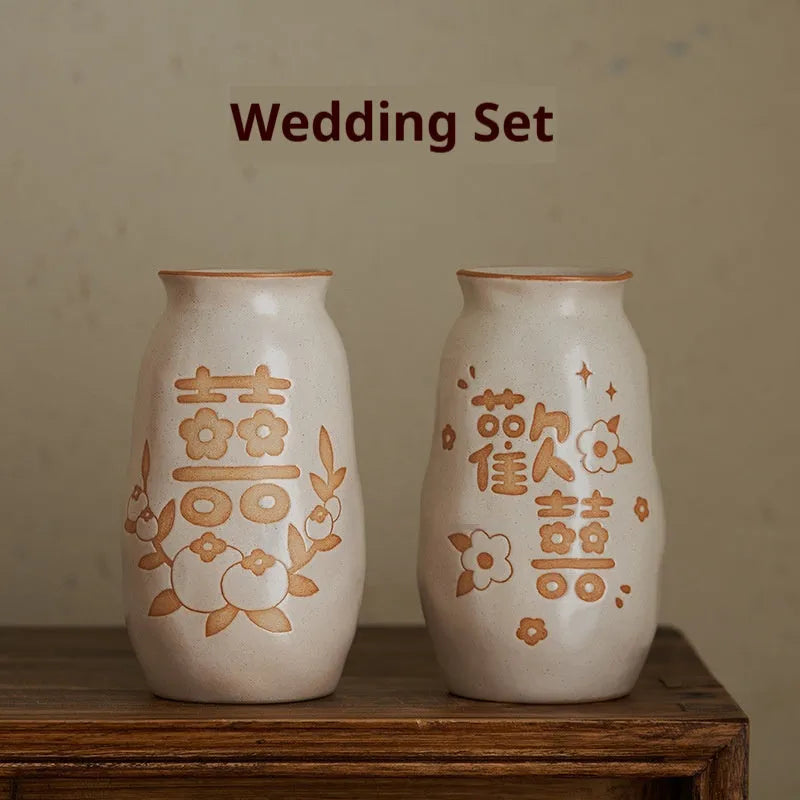 Chinese hand-painted ceramic joy vase with traditional designs and 8 cm base