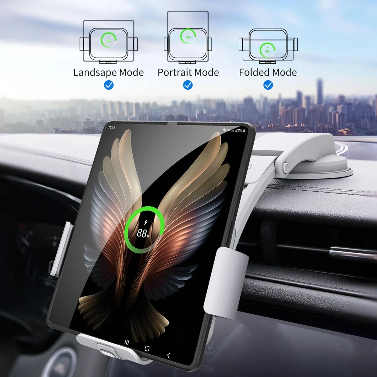 Grey wireless charging car phone holder with folding screen mounted on vehicle air vent