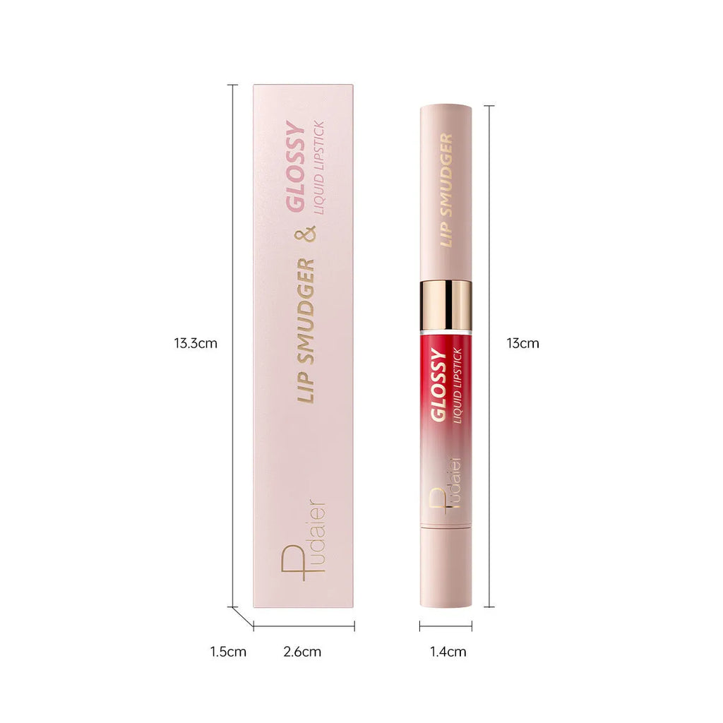 Double-headed lipstick lip gloss showing two matte colour ends with ten shade options from 01 to 10