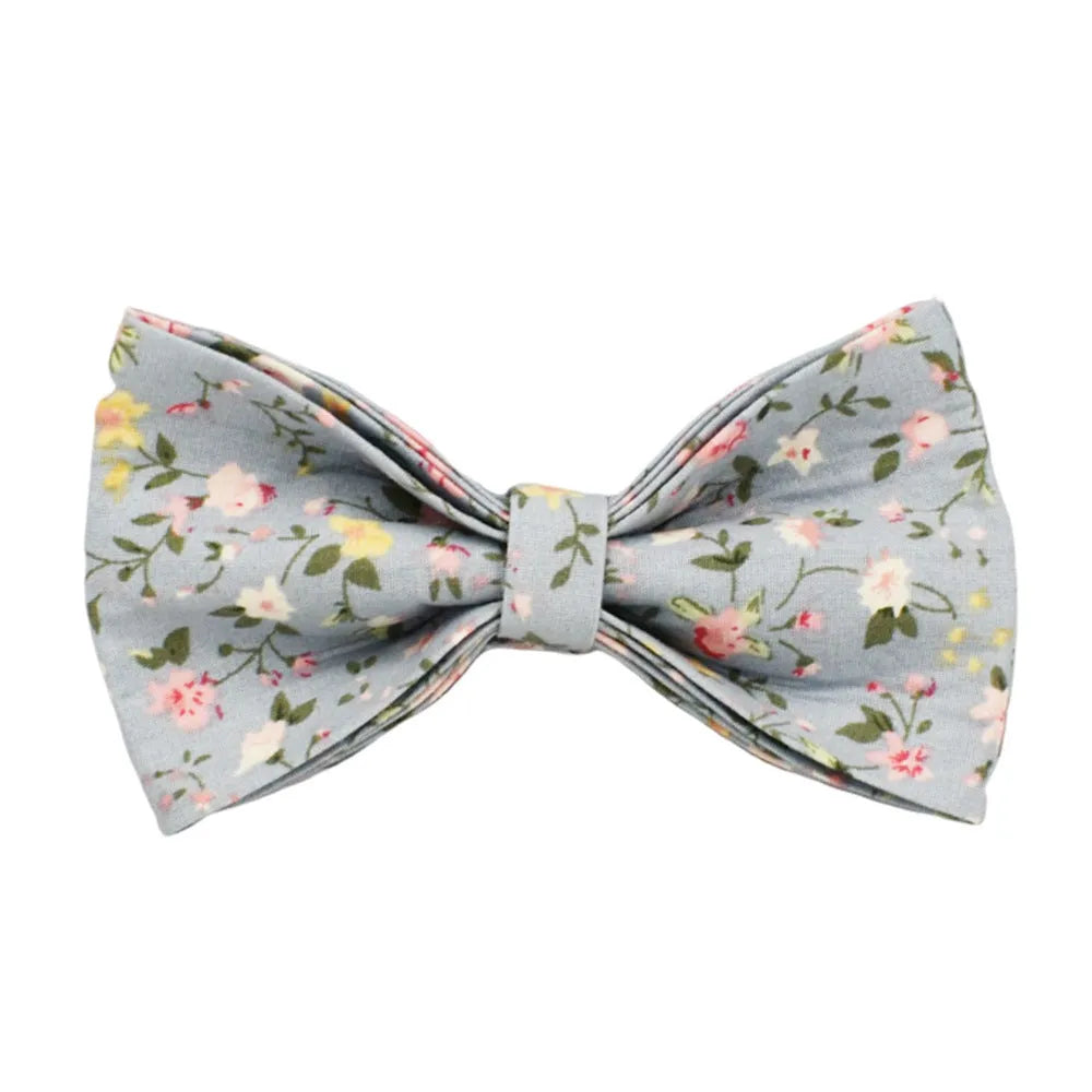 Blue floral polyester cotton dog collar set with matching leash, vest, bow and accessories