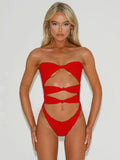 Women's nylon one-piece swimsuit with a hollow-out design, shown in available colours.