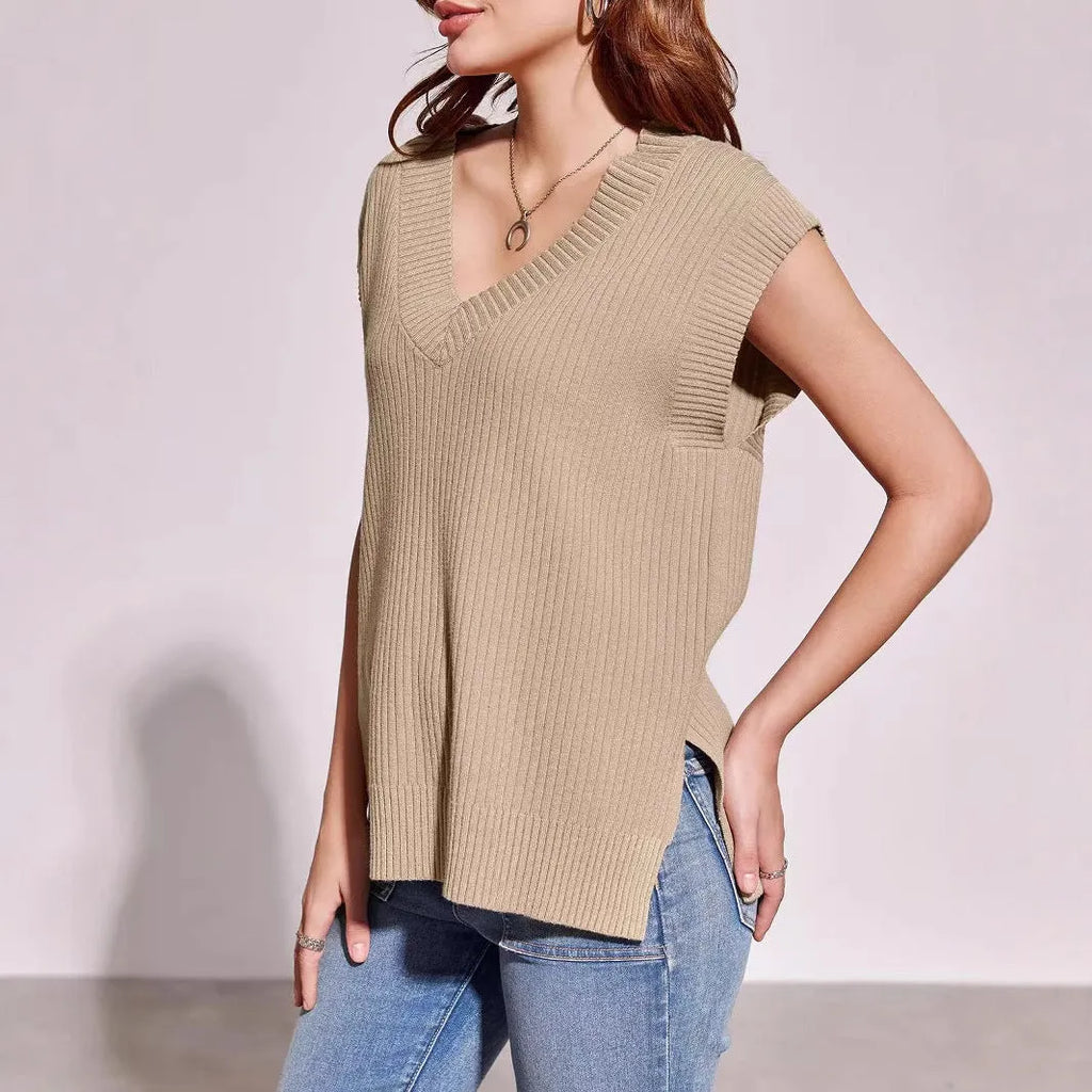 Women's camel and white V-neck sleeveless pullover vest in loose fit with striped plaid patterns