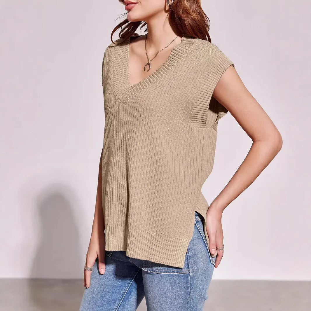 Women's camel and white V-neck sleeveless pullover vest in loose fit with striped plaid patterns