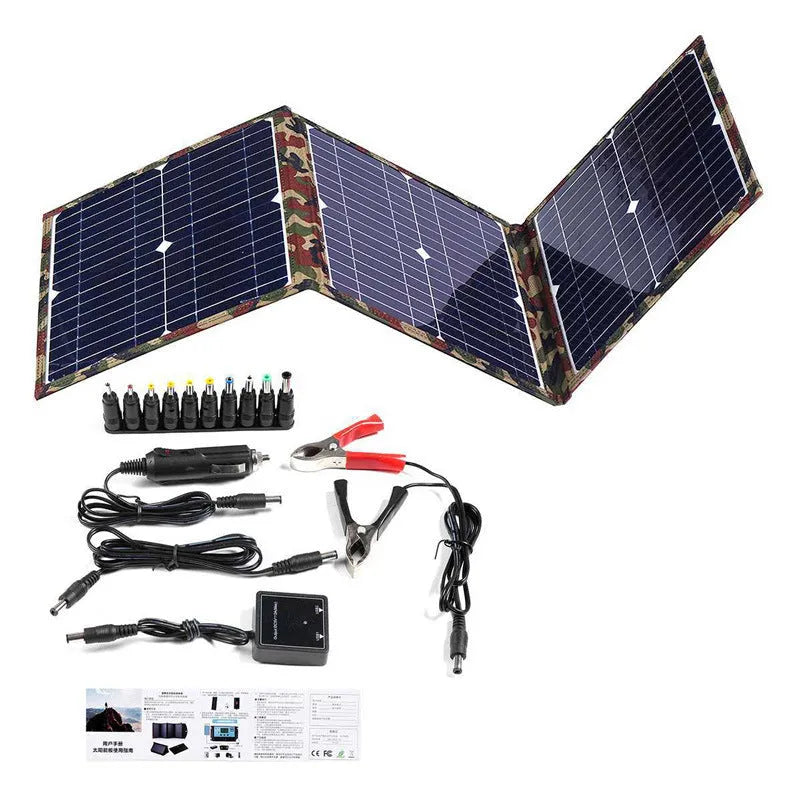 Black foldable portable 36W solar panel with monocrystalline cells and included car charger accessories.