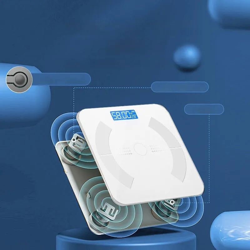 Smart Bluetooth rechargeable body fat scale in white, black or pink colours showing weight, fat, calorie and moisture measurement