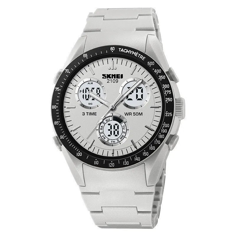 Digital casual watch with a black camouflage TPU strap and resin lens showing time on display.